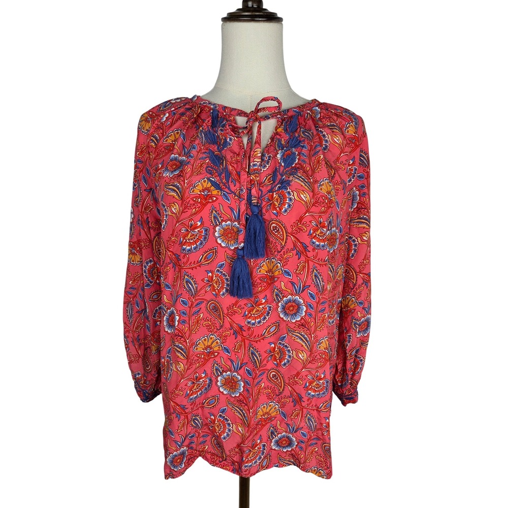 Karyn Seo Penny Blouse S Coral Pink Floral Paisley Embroidered Tassel Top Boho